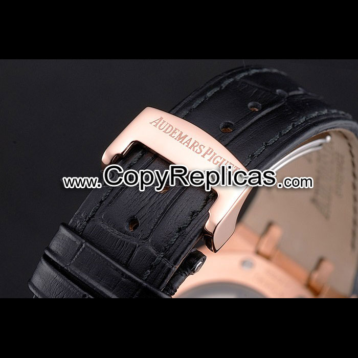 Swiss Audemars Piguet Royal Oak Black Dial Gold Case Black Leather Strap AP5531 - Photo-4