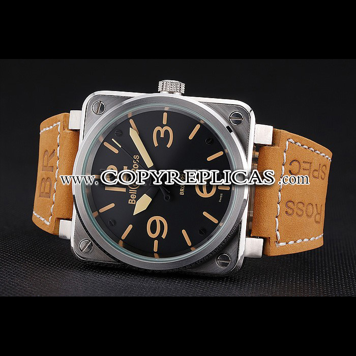 Bell Ross BR 01-92 Black Dial Silver Case Gold Numerals Brown Leather Strap BR5582 - Photo-2