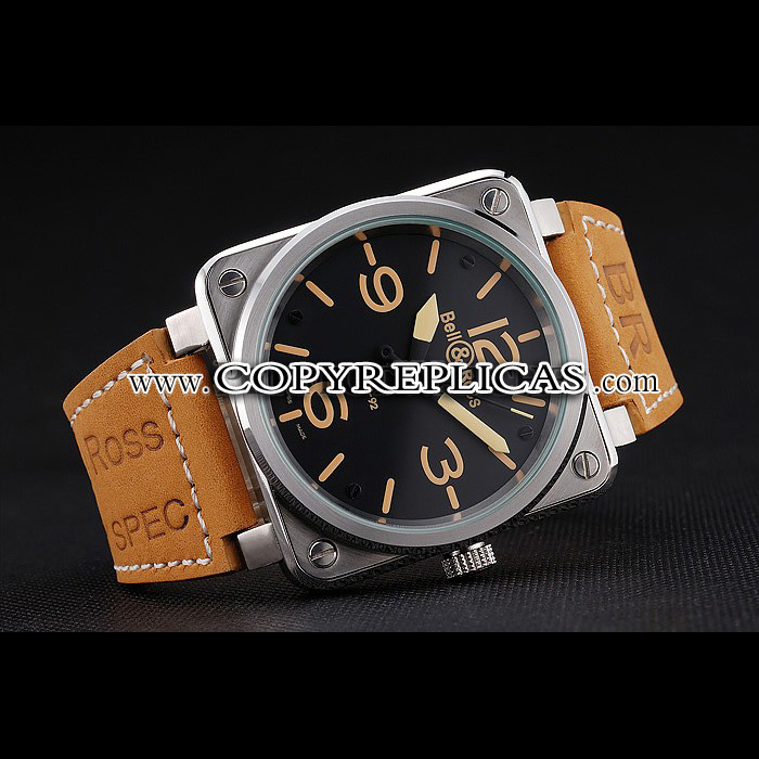 Bell Ross BR 01-92 Black Dial Silver Case Gold Numerals Brown Leather Strap BR5582 - Photo-3