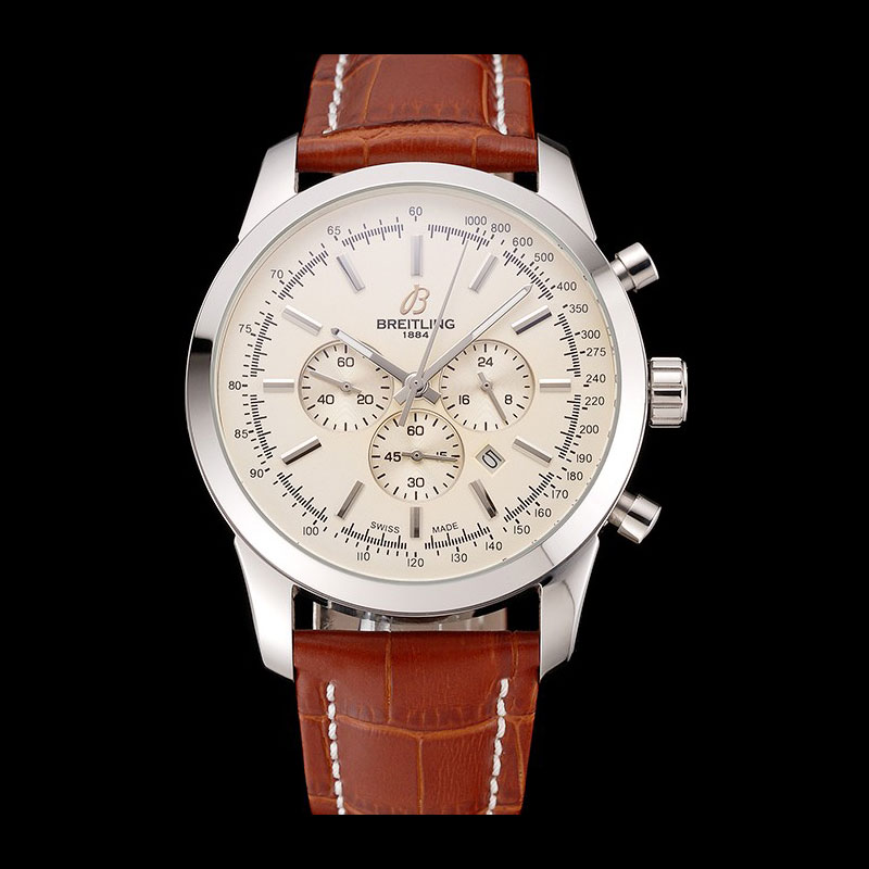 Breitling Transocean Beige Dial Brown Leather Strap Polished Stainless Steel Bezel BL5632