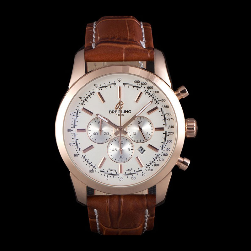 Breitling Transocean White Dial Brown Leather Strap Rose Gold Bezel BL5647
