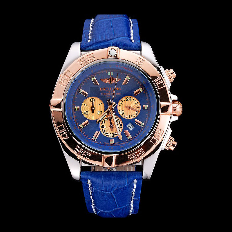 Breitling Chronomat Blue Dial Rose Gold Bezel Subdials Stainless Steel Case Blue Leather Strap BL5698