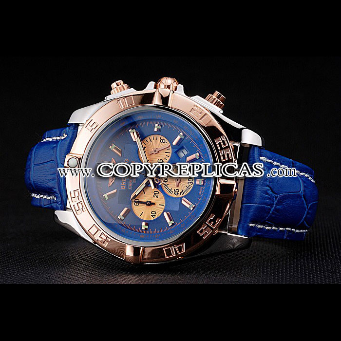 Breitling Chronomat Blue Dial Rose Gold Bezel Subdials Stainless Steel Case Blue Leather Strap BL5698 - Photo-2