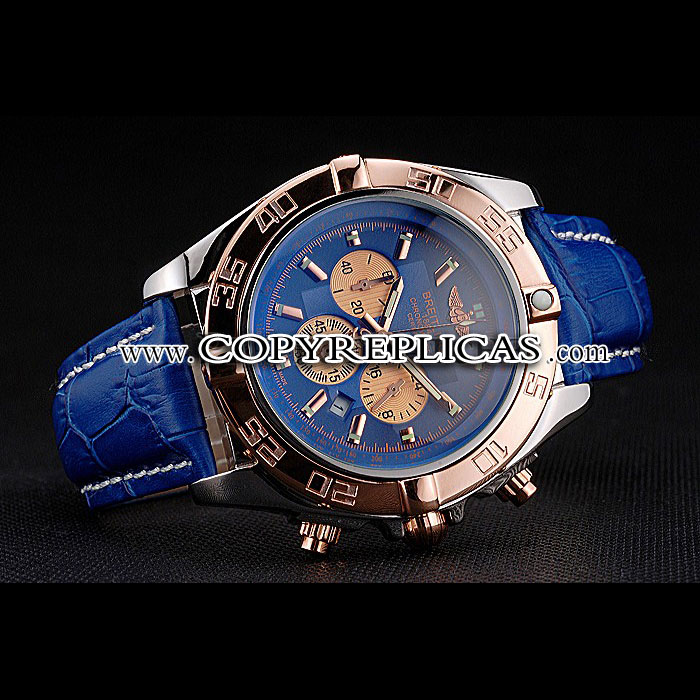 Breitling Chronomat Blue Dial Rose Gold Bezel Subdials Stainless Steel Case Blue Leather Strap BL5698 - Photo-3