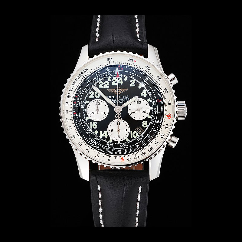 Swiss Breitling Navitimer Cosmonaute Black Dial Stainless Steel Case Black Leather Strap BL5707