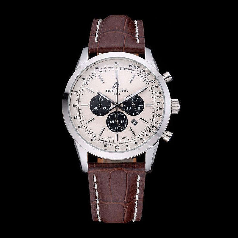 Breitling Transocean Chronograph White Dial Stainless Steel Case Brown Leather Bracelet BL5712