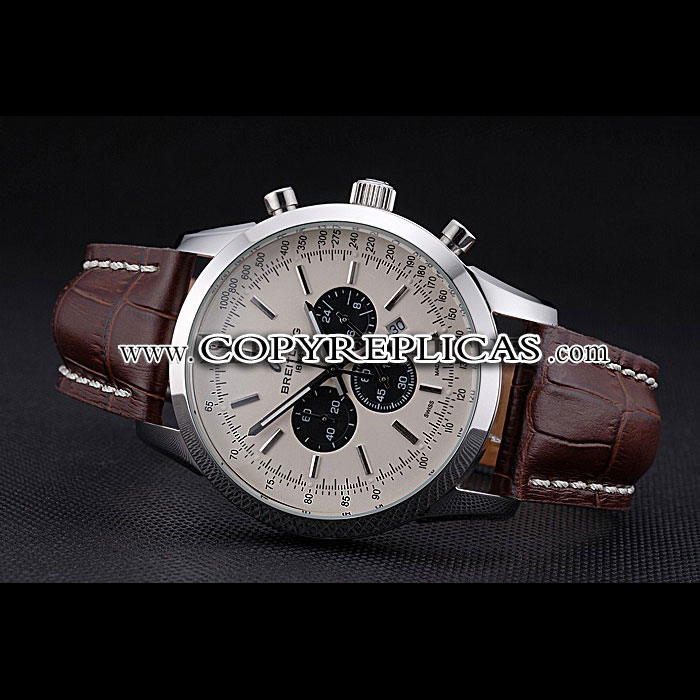 Breitling Transocean Chronograph White Dial Stainless Steel Case Brown Leather Bracelet BL5712 - Photo-3