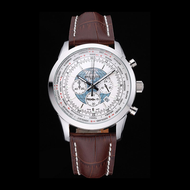 Breitling Transocean Chronograph Unitime White Dial Stainless Steel Case Brown Bracelet BL5748