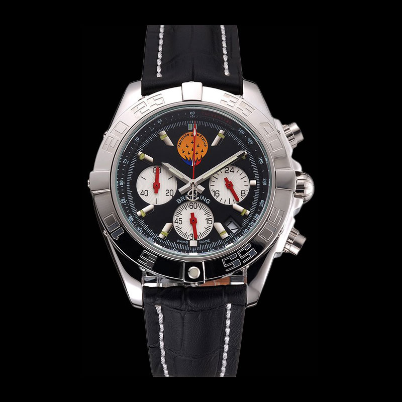 Breitling Chronomat Frecce Tricolori Black Dial Stainless Steel Black Leather Strap BL5770