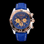 Breitling Chronomat Blue Dial Rose Gold Bezel Subdials Stainless Steel Case Blue Leather Strap BL5698