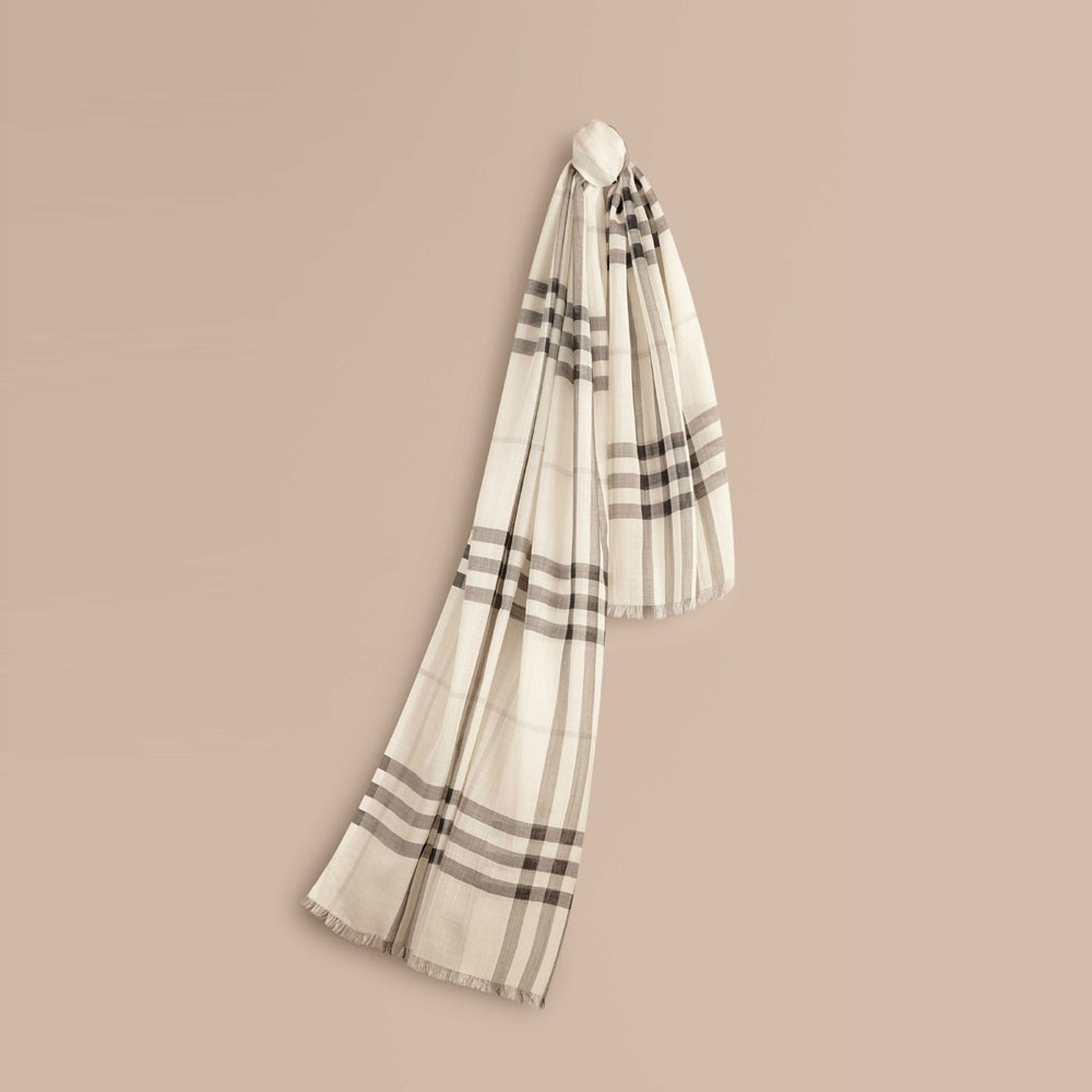 Burberry Lightweight Check Wool and Silk Scarf Natural White 39960421