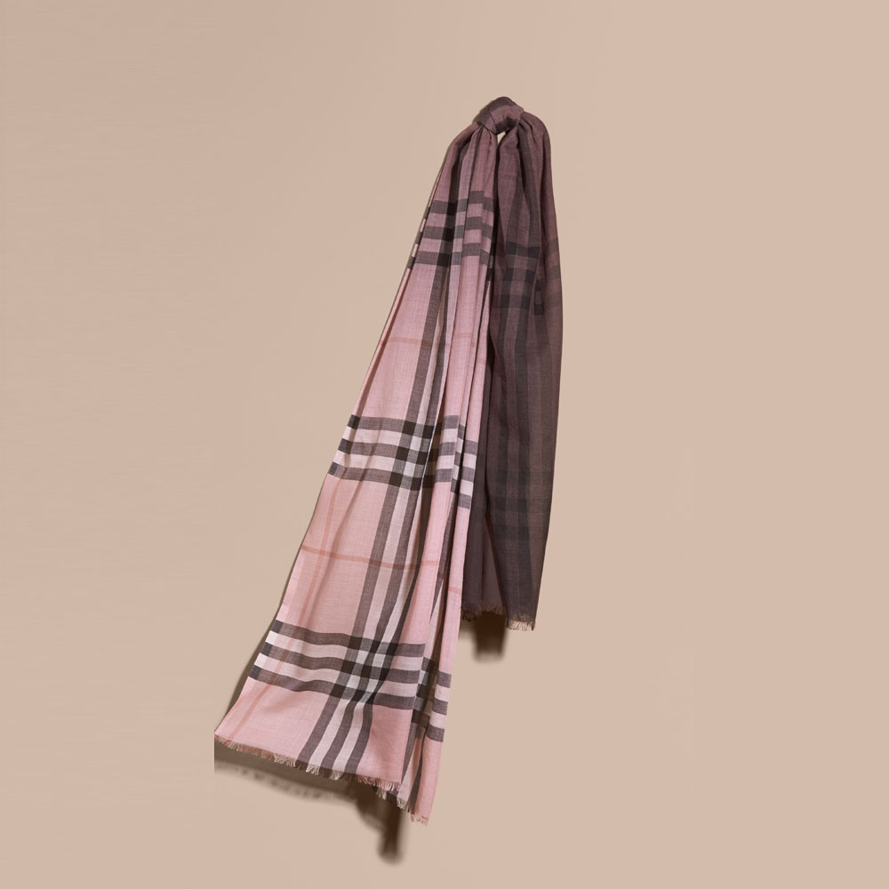 Burberry Ombre Check Lightweight Wool Silk Scarf Ash Rose 40196131