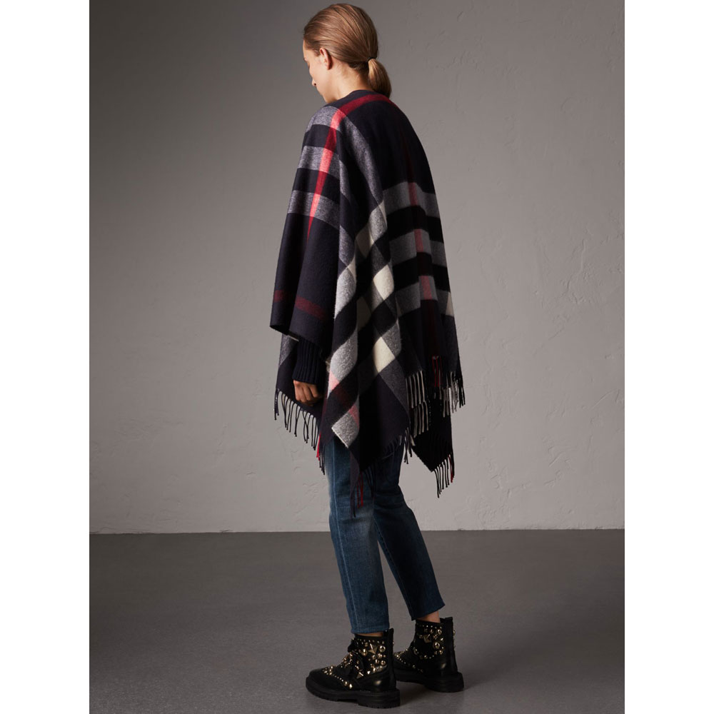 Burberry Check Cashmere and Wool Poncho in Navy 40196201 - Photo-3