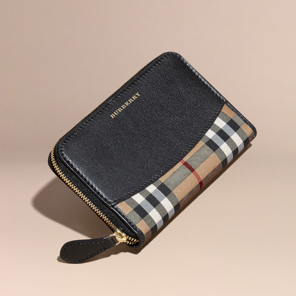 Burberry Horseferry Check and Leather Ziparound Wallet Black 40202651