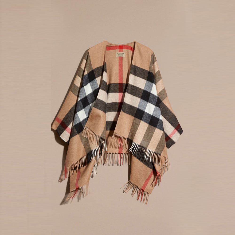 Burberry Check Cashmere and Wool Poncho Camel 40226861
