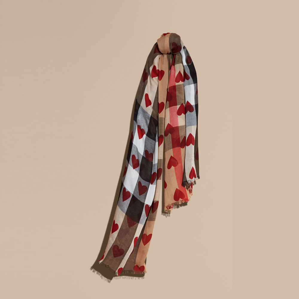 Burberry Heart and Check Modal and Cashmere Scarf Camel red 40232201