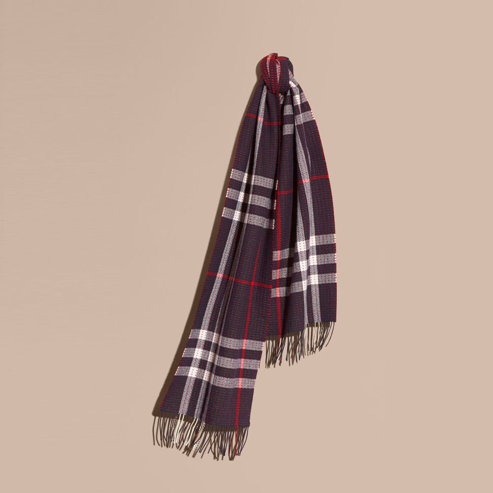 Burberry Classic Cashmere Scarf in Check with Topstitch Detail Navy 40260461