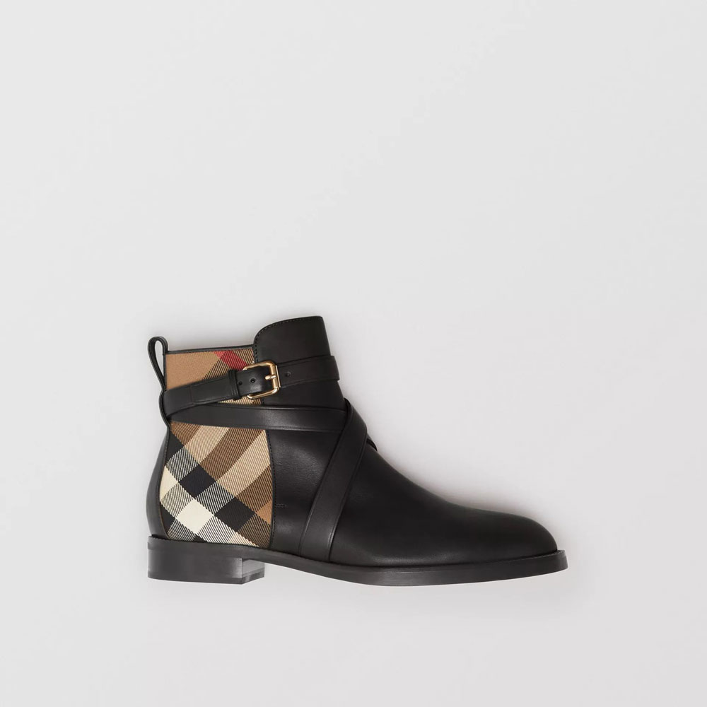 Burberry Strap Detail House Check and Leather Ankle Boots in Black 40364781