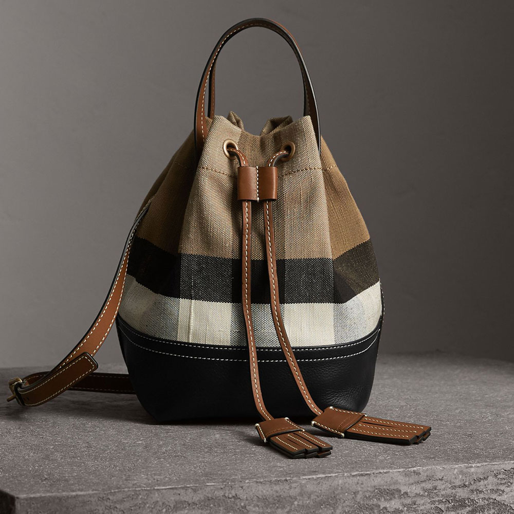 Burberry Small Canvas Check and Leather Bucket Bag in Tan 40495541