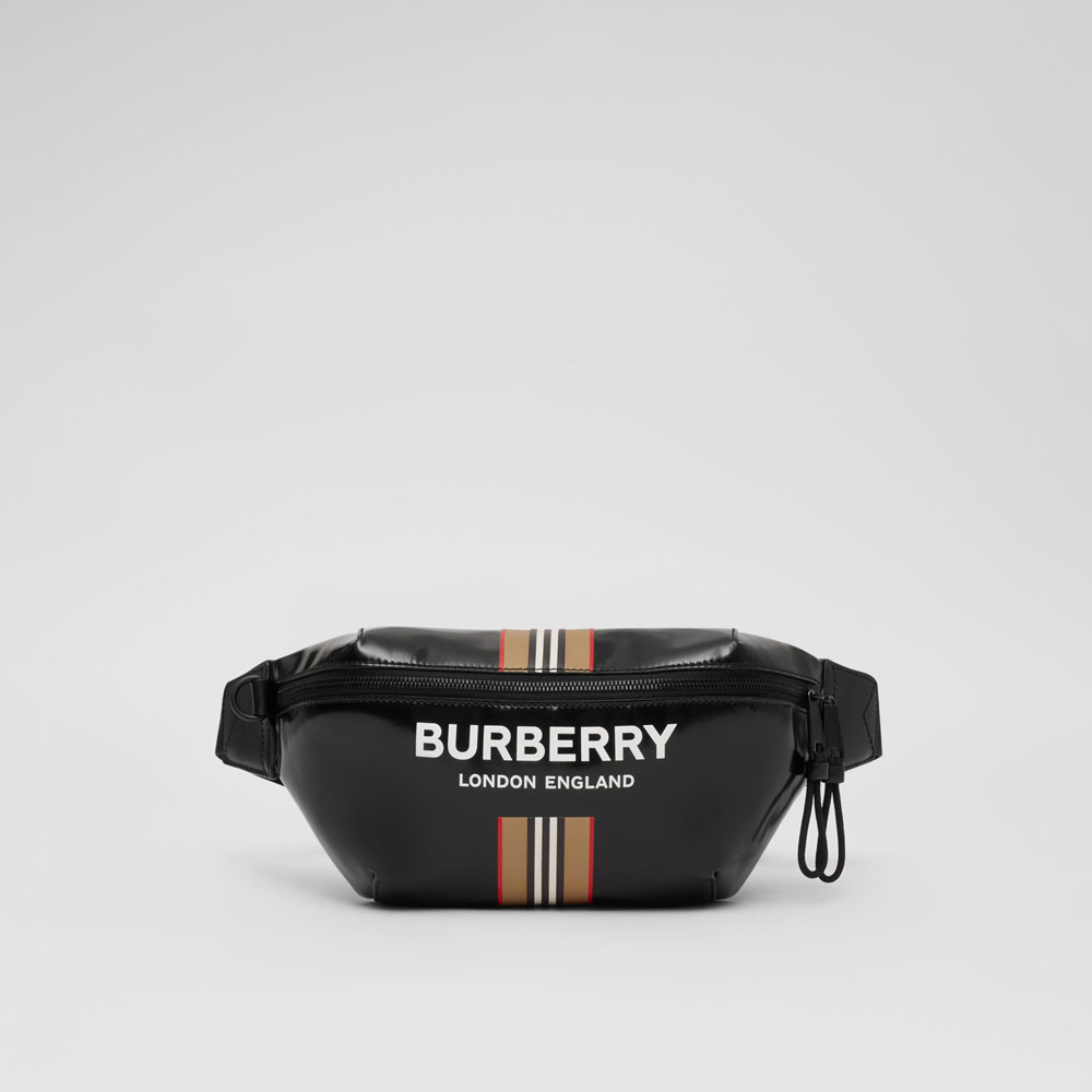 Burberry Logo and Icon Stripe Print Sonny Bum Bag in Black 80300181
