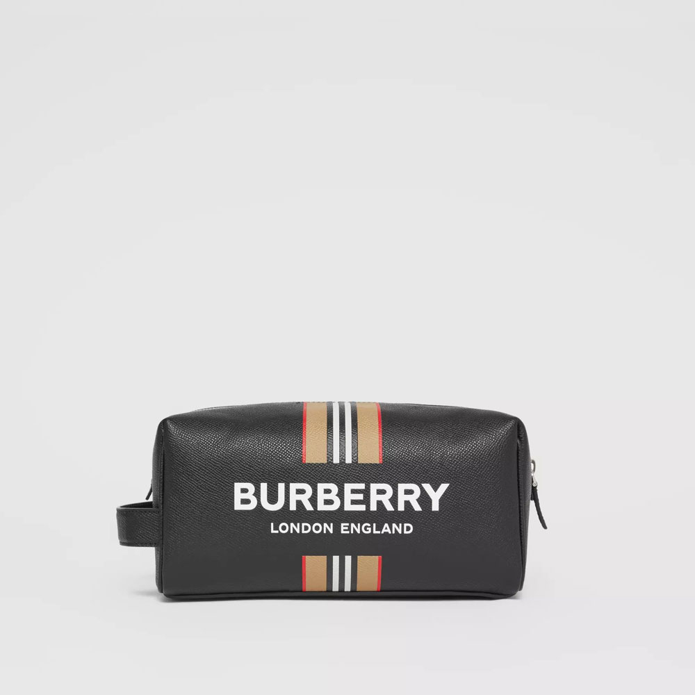 Burberry Logo and Icon Stripe Print Leather Travel Pouch in Black 80338591