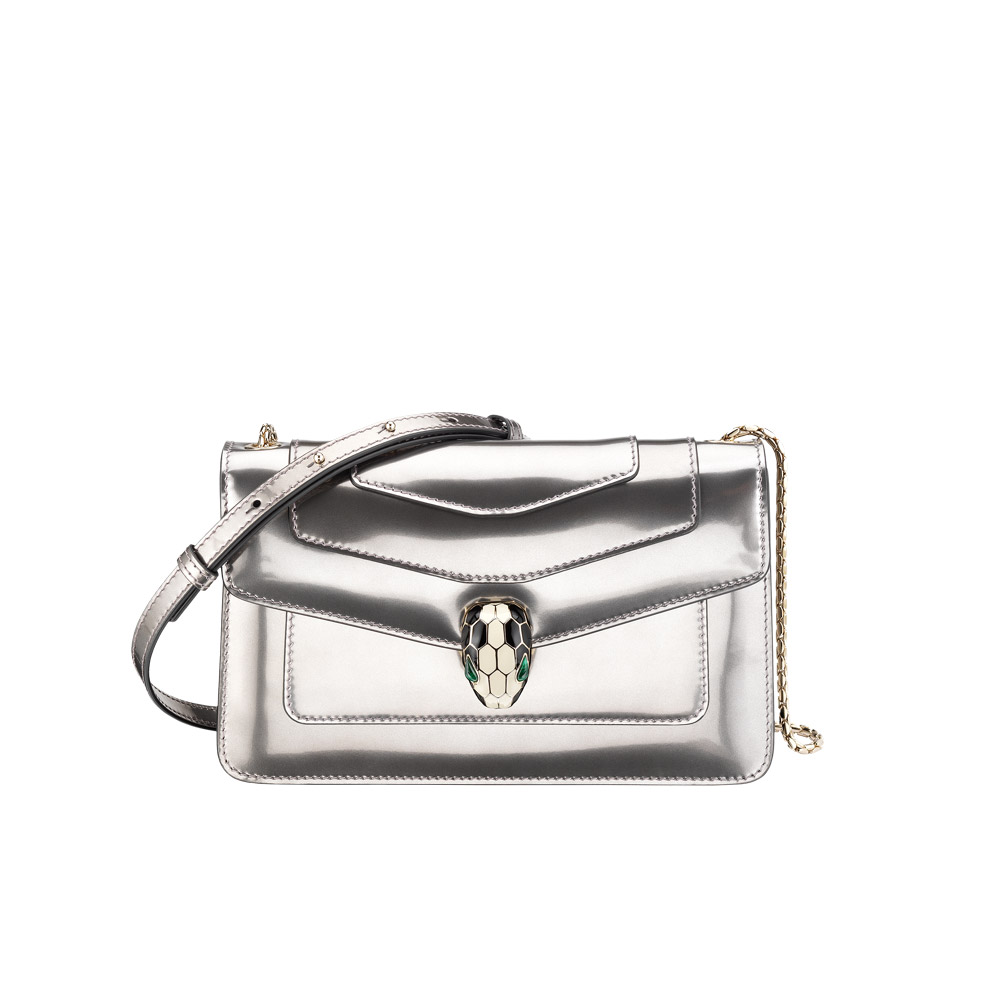 Bvlgari Serpenti Forever in mirage shiny silver brushed metallic calf leather 39796