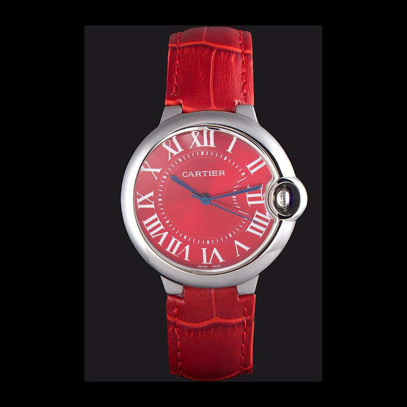 Cartier Ballon Bleu Silver Bezel with Red Dial and Red Leather Band CTR5888