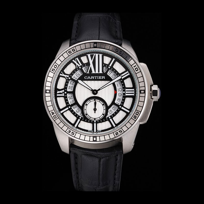 Cartier Calibre De Cartier Small Seconds Black And White Dial Stainless Steel Case Black Leather Strap CTR5934