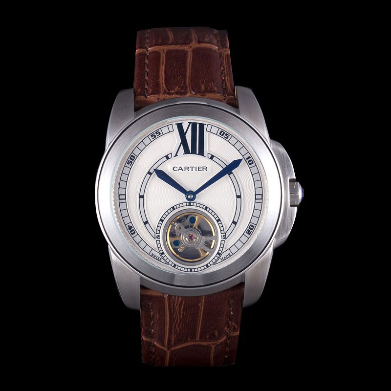 Cartier Calibre Flying Tourbillon White Dial Stainless Steel Case Brown Leather Bracelet CTR5935