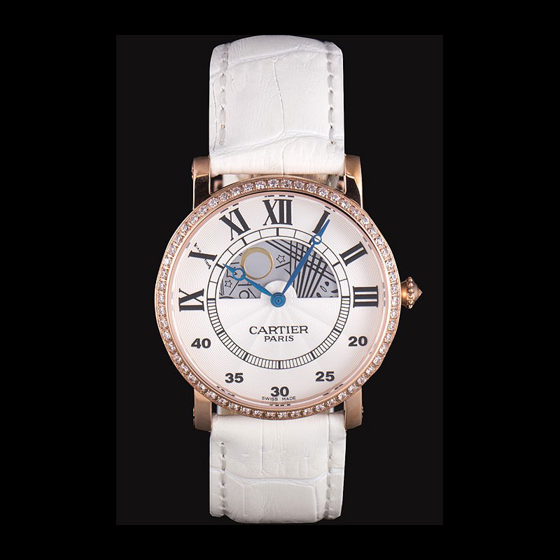 Cartier Moonphase Rose Gold Watch with White Leather Band ct254 CTR5942
