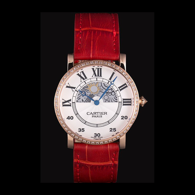 Cartier Moonphase Rose Gold Watch with Red Leather Band ct253 CTR5944