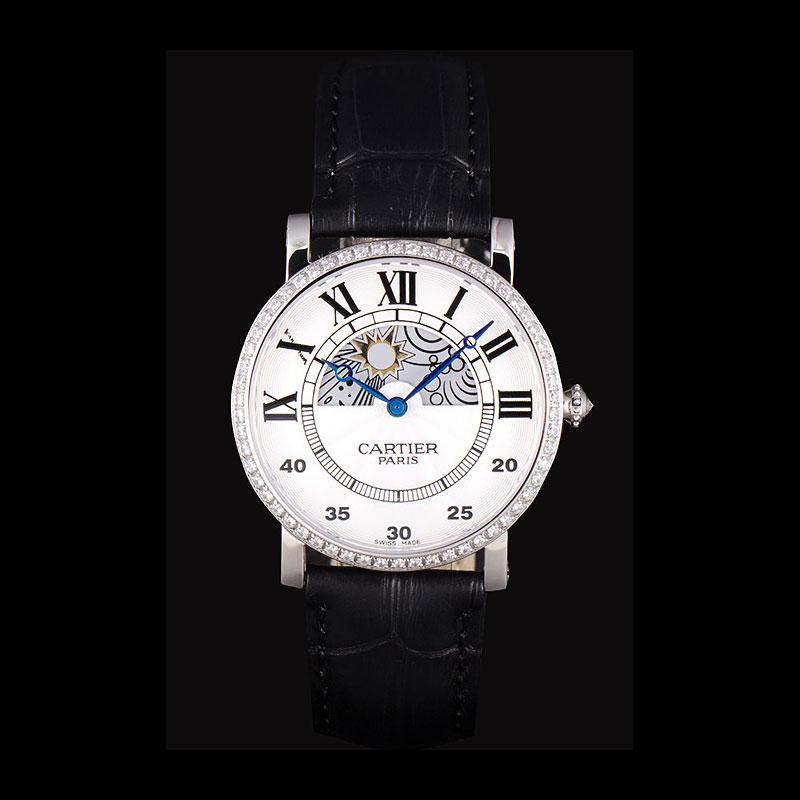 Cartier Moonphase Silver Watch with Black Leather Band ct255 CTR5945