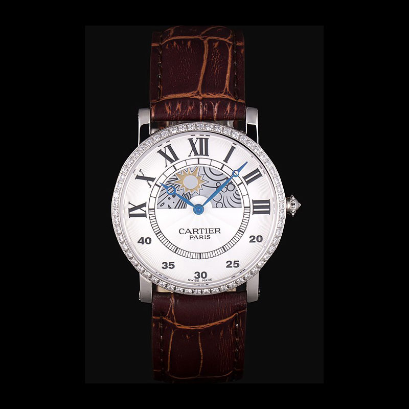 Cartier Moonphase Silver Watch with Brown Leather Band ct256 CTR5946