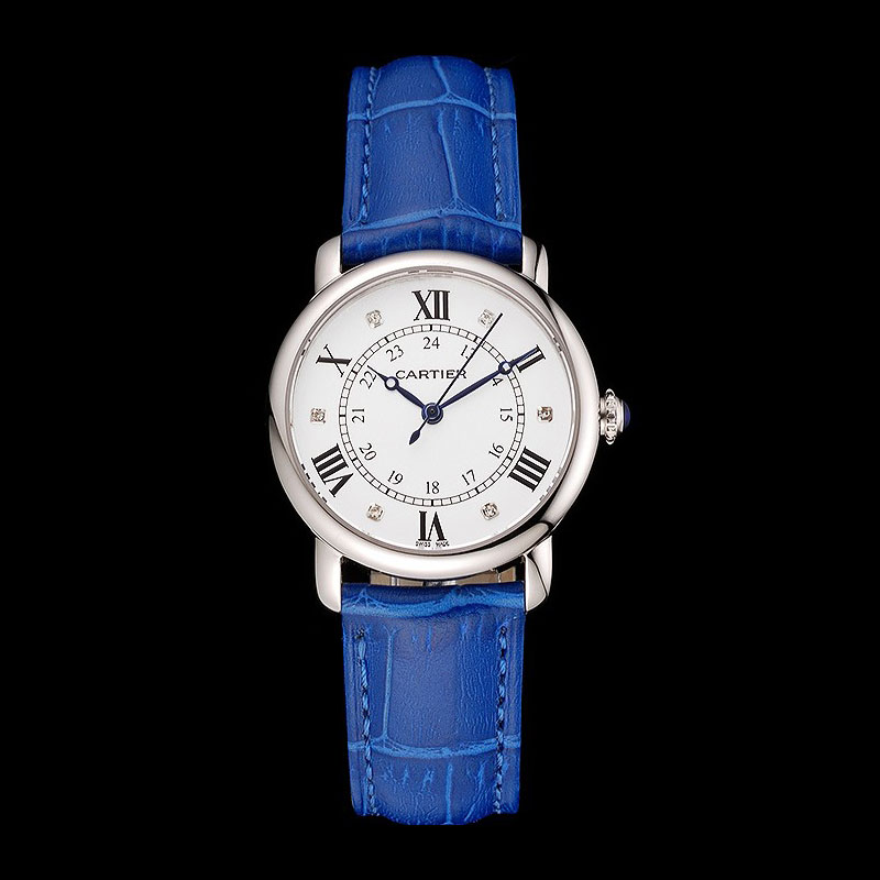 Cartier Ronde White Dial Diamond Hour Marks Stainless Steel Case Blue Leather Strap CTR5951