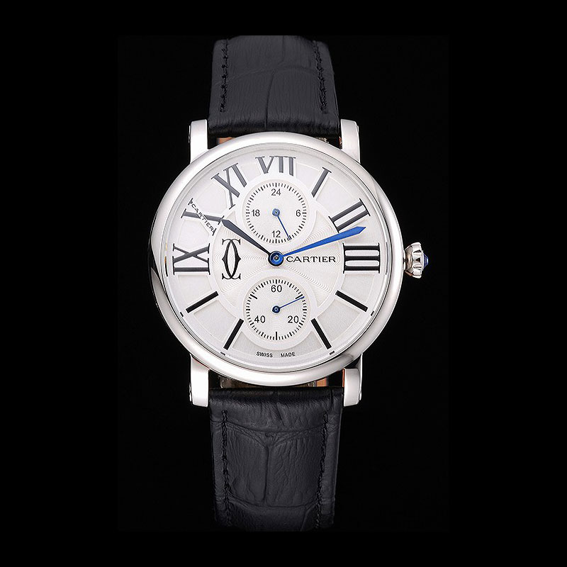 Cartier Ronde Second Time Zone White Dial Stainless Steel Case Black Leather Strap CTR5954