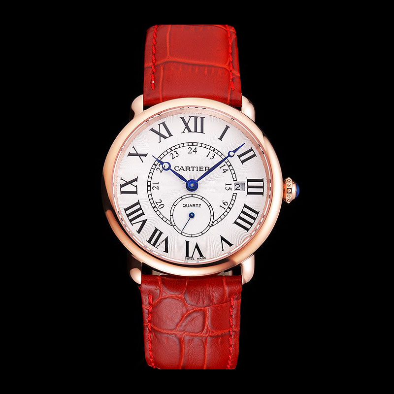 Cartier Ronde Louis Cartier White Dial Gold Case Red Leather Strap CTR5957