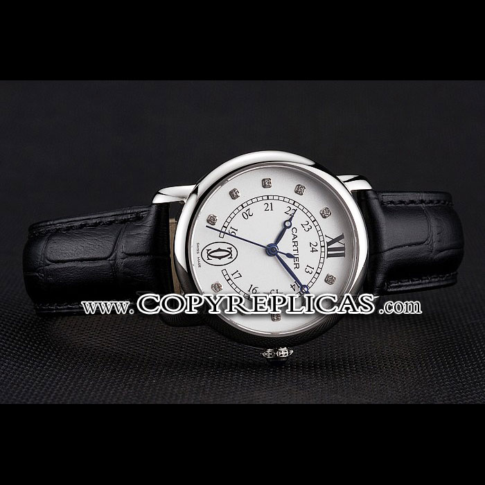Cartier Ronde White Dial Diamond Hour Marks Stainless Steel Case Black Leather Strap CTR5958 - Photo-2