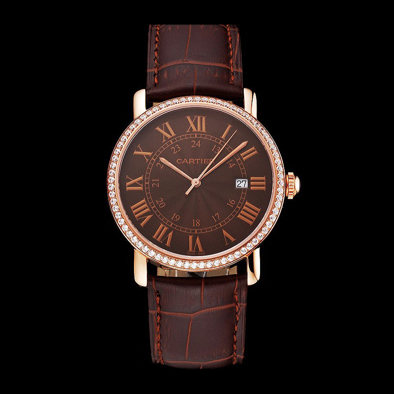 Cartier Ronde Solo Brown Dial Diamond Bezel Rose Gold Case Brown Leather Strap CTR5959