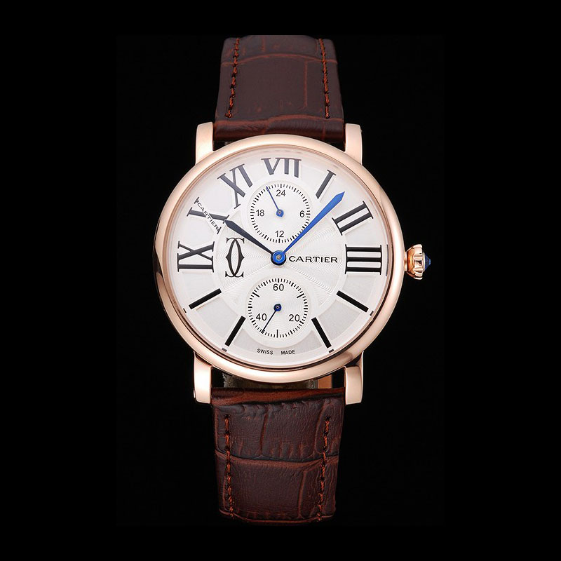Cartier Ronde Second Time Zone White Dial Gold Case Brown Leather Strap CTR5961