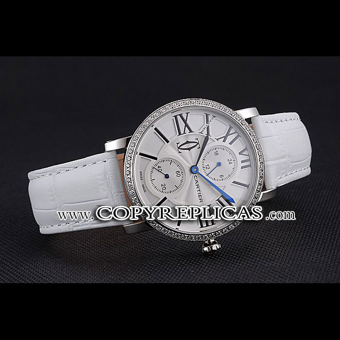 Cartier Ronde Second Time Zone White Dial Stainless Steel Diamonds White Leather Strap CTR5962 - Photo-2