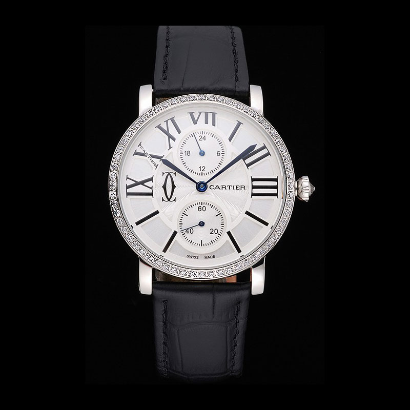 Cartier Ronde Second Time Zone White Dial Stainless Steel Diamonds Black Leather Strap CTR5963