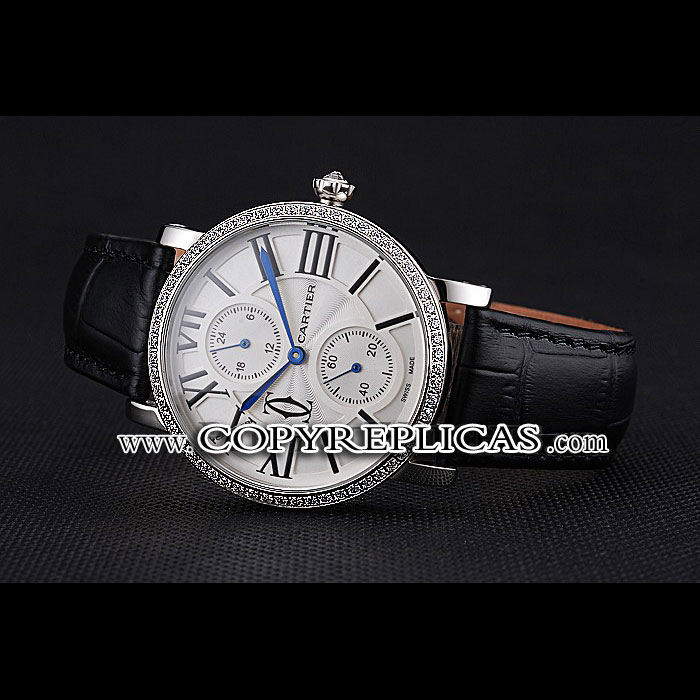 Cartier Ronde Second Time Zone White Dial Stainless Steel Diamonds Black Leather Strap CTR5963 - Photo-2