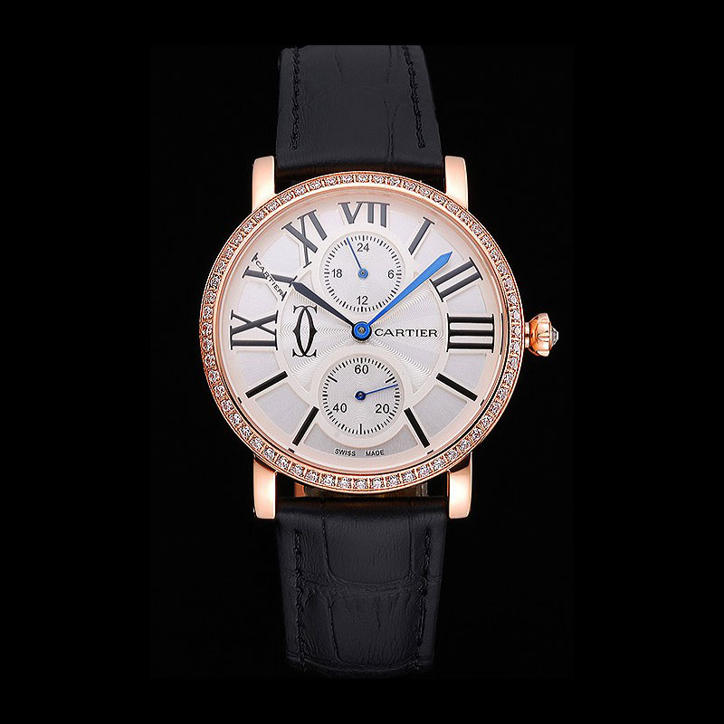Cartier Ronde Second Time Zone White Dial Gold Case With Diamonds Black Leather Strap CTR5964