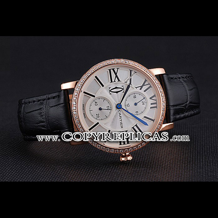 Cartier Ronde Second Time Zone White Dial Gold Case With Diamonds Black Leather Strap CTR5964 - Photo-2
