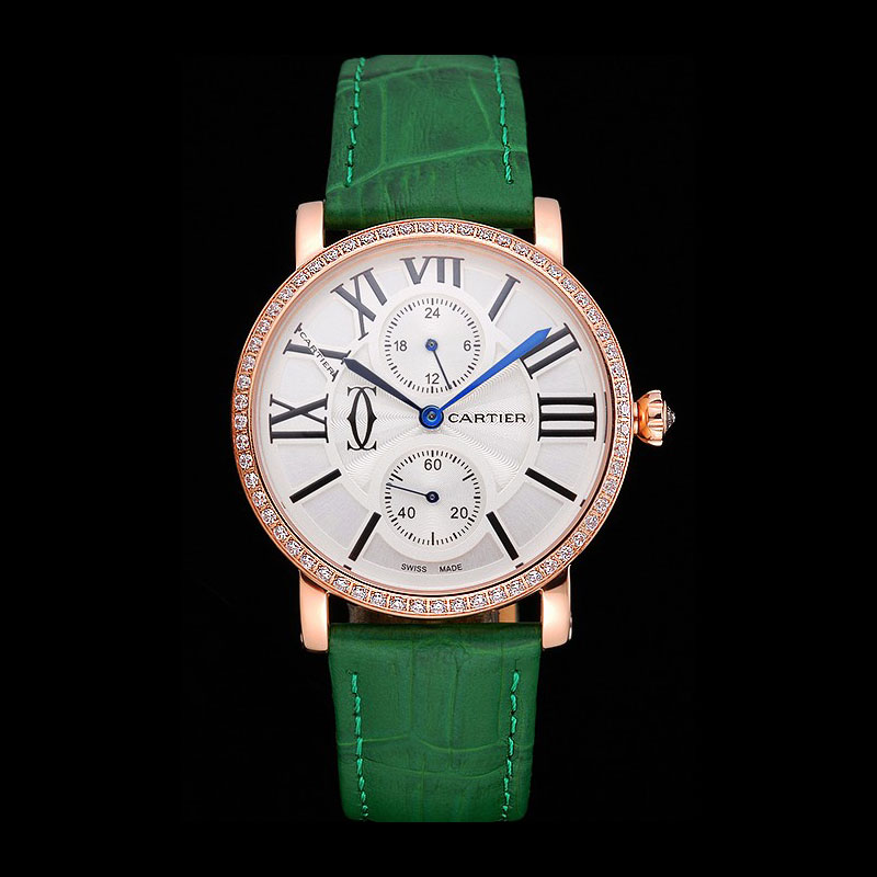 Cartier Ronde Second Time Zone White Dial Gold Case With Diamonds Green Leather Strap CTR5965