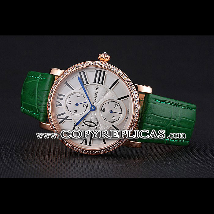 Cartier Ronde Second Time Zone White Dial Gold Case With Diamonds Green Leather Strap CTR5965 - Photo-2