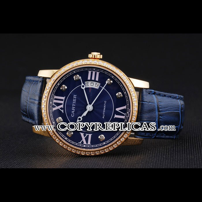 Swiss Cartier Ronde Solo Blue Dial Gold Diamond Case Blue Leather Strap CTR5966 - Photo-2