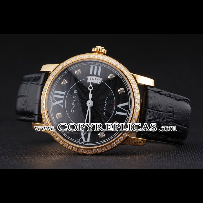 Swiss Cartier Ronde Solo Black Dial Gold Diamond Case Black Leather Strap CTR5967 - Photo-2