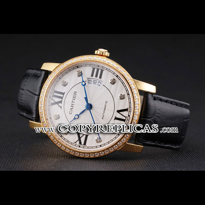 Swiss Cartier Ronde Solo White Dial Gold Diamond Case Black Leather Strap CTR5968 - Photo-2