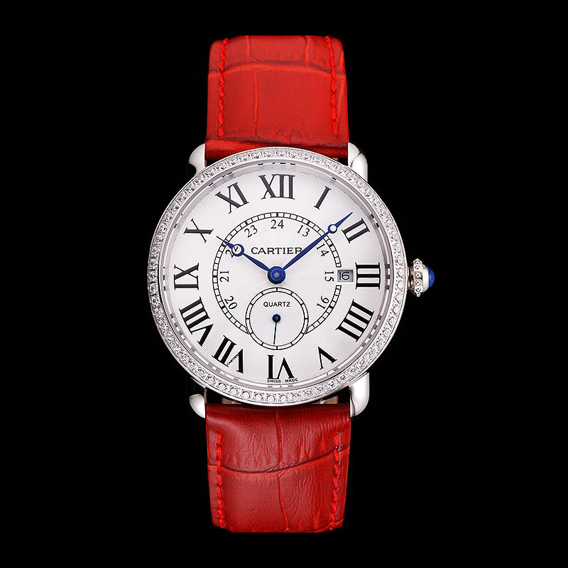 Cartier Ronde Louis Cartier White Dial Stainless Steel Diamond Bezel Red Leather Strap CTR5971